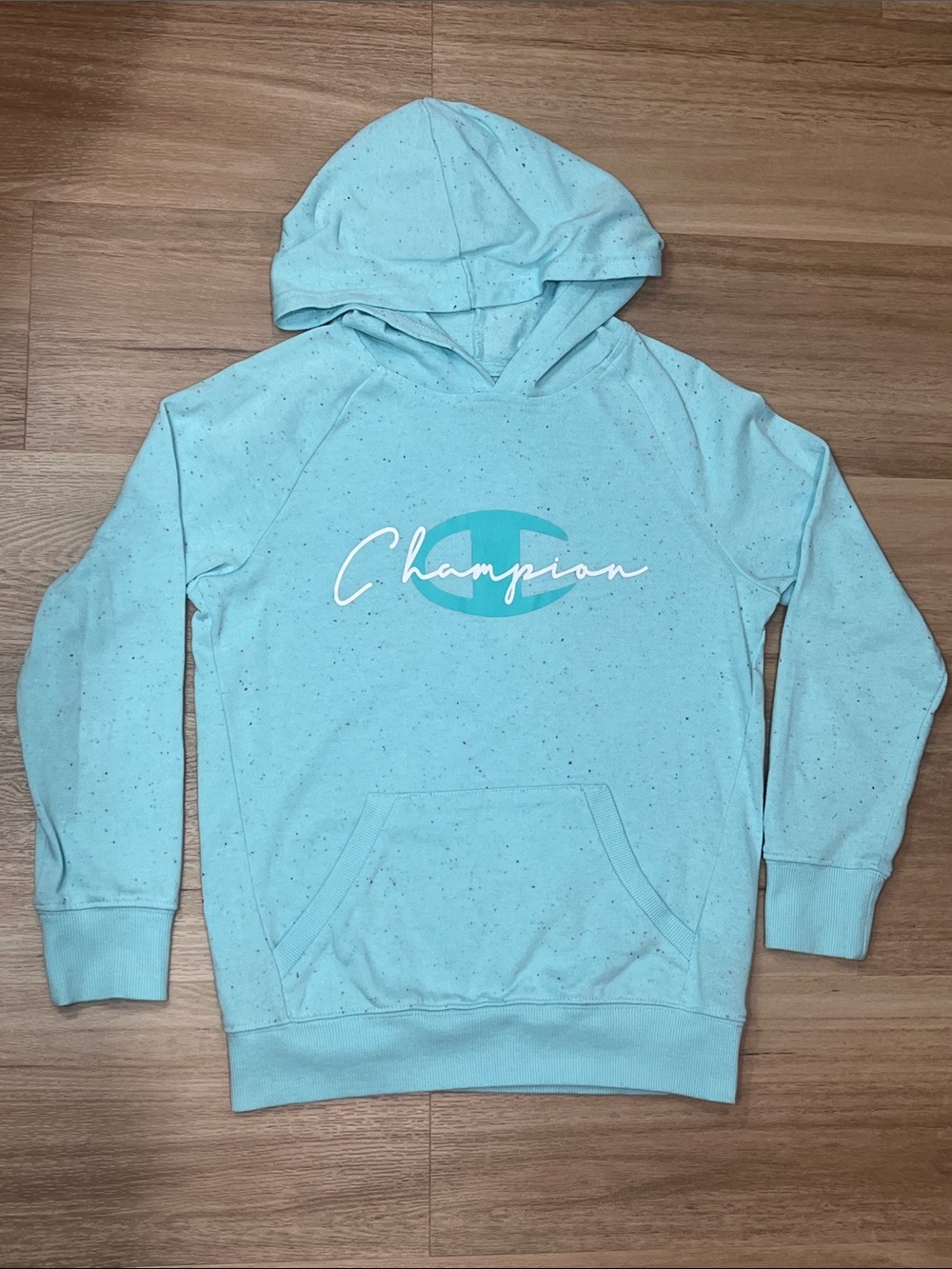 Champion Youth Kids Light Aqua Blue Speckled Script Logo Pullover Hoodie Size M